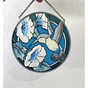 Stained Glass Round Sun Catcher Hummingbird and Flowers 4.5” With Chain Ornament